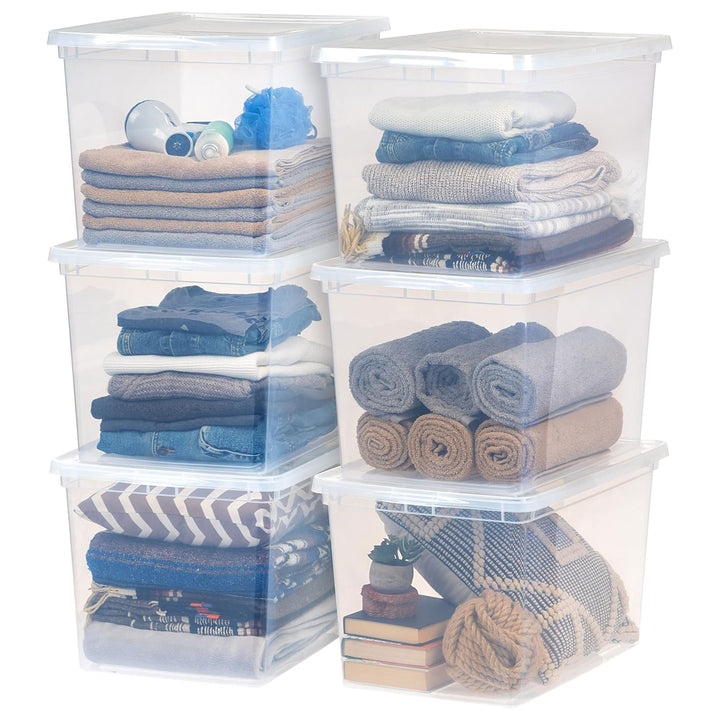 IRIS USA Storage Bins with Lids, 68Qt Clear Plastic Stackable Containers, 6 Pack