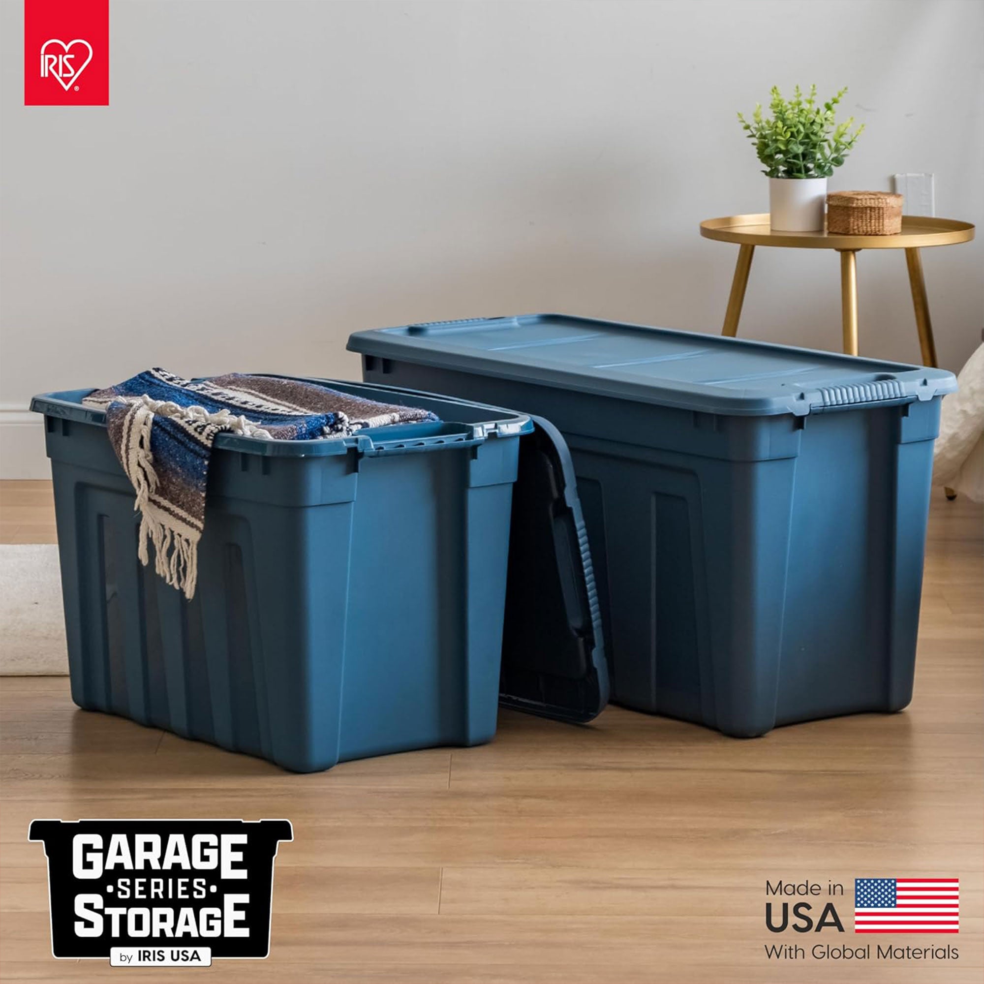 IRIS USA 8 Pack Storage Totes, 31 Gal Stackable Bins with Handles & Lids, Navy