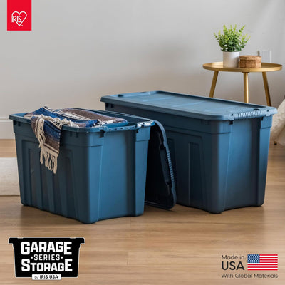 IRIS USA 8 Pack Storage Totes, 31 Gal Stackable Bins with Handles & Lids, Navy