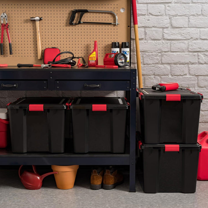 IRIS USA WeatherPro 74 Quart Stackable Storage Bins with Lids, 3 Pack, Black/Red