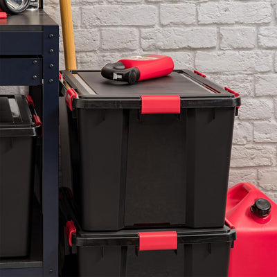 IRIS USA 6 Pack WeatherPro 74 Quart Stackable Storage Bins with Lids, Black/Red