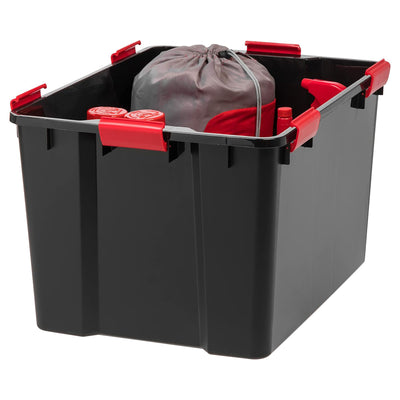 IRIS USA 6 Pack WeatherPro 74 Quart Stackable Storage Bins with Lids, Black/Red