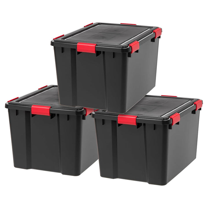 IRIS USA WeatherPro 74 Quart Stackable Storage Bins with Lids, 3 Pack, Black/Red