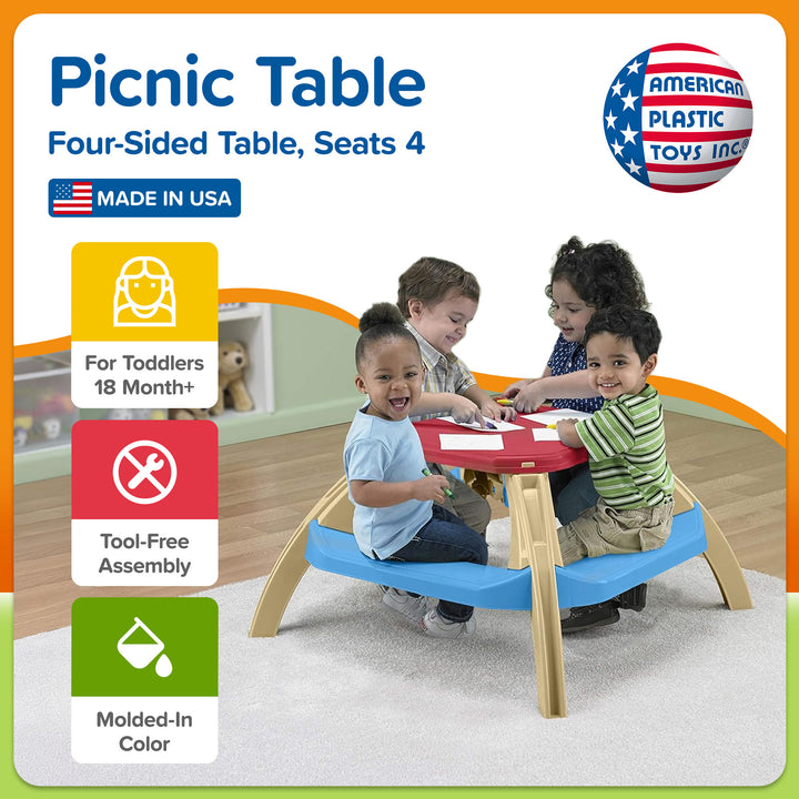 American Plastic Toys Picnic Table for Toddler Ages 18 Months and Up, Seats 4