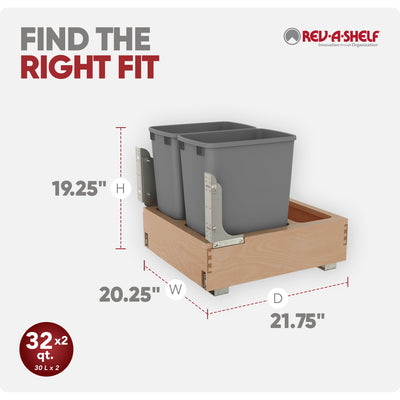 Rev-A-Shelf Wood Double Pullout Waste Container, Soft-Close, 32 qt, Silver - VMInnovations