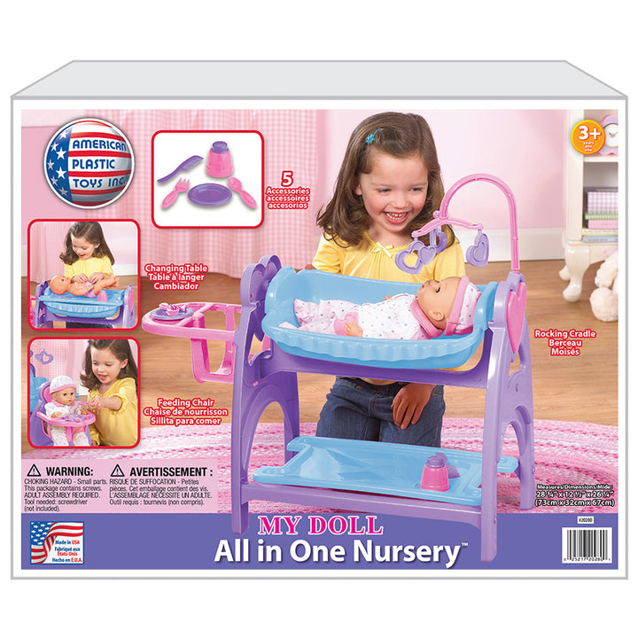 American Plastic Toys All in One Doll Nursery with Crib and Feeding Chair, Multi