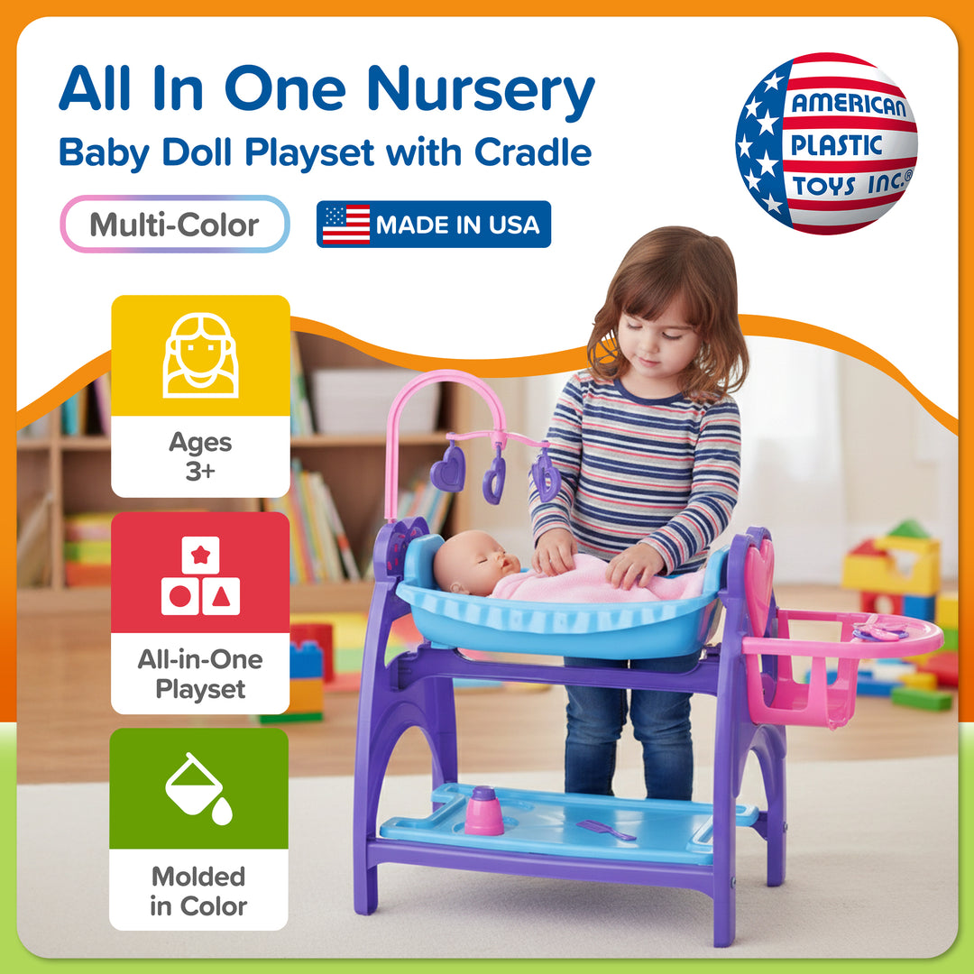 American Plastic Toys All in One Doll Nursery with Crib and Feeding Chair, Multi