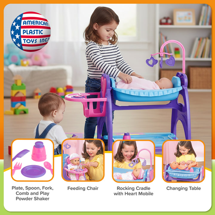 American Plastic Toys All in One Doll Nursery with Crib and Feeding Chair, Multi
