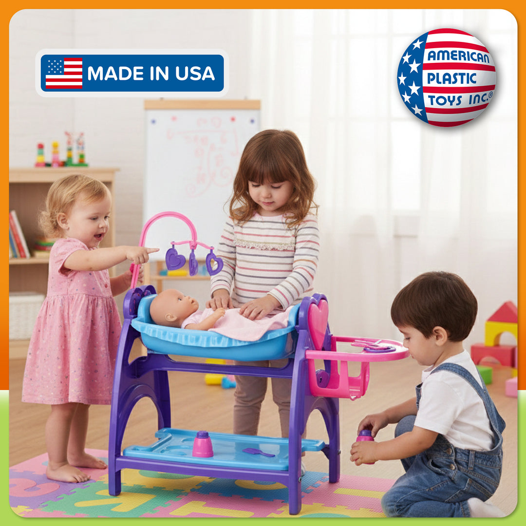 American Plastic Toys All in One Doll Nursery with Crib and Feeding Chair, Multi