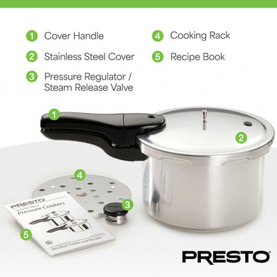 Presto 4-Quart Aluminum Pressure Cooker, Stove Top Fast Cooking Pot with Rack - VMInnovations