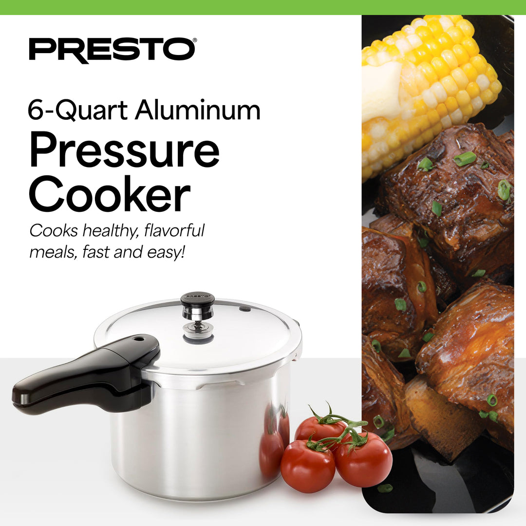 Presto 01264 6 Quart Aluminum Pressure Cooker, Regulator & Cover Lock, Silver