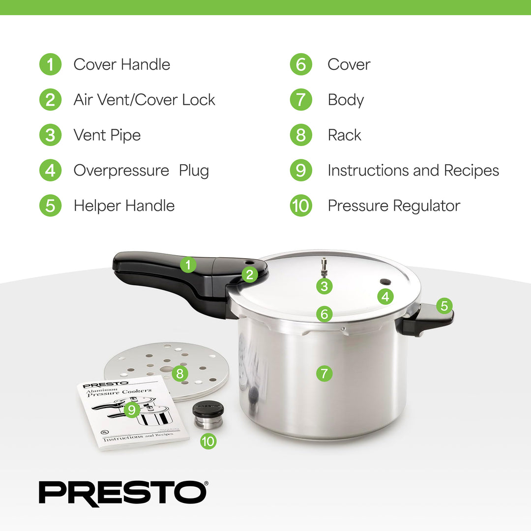 Presto 01264 6 Quart Aluminum Pressure Cooker, Regulator & Cover Lock, Silver