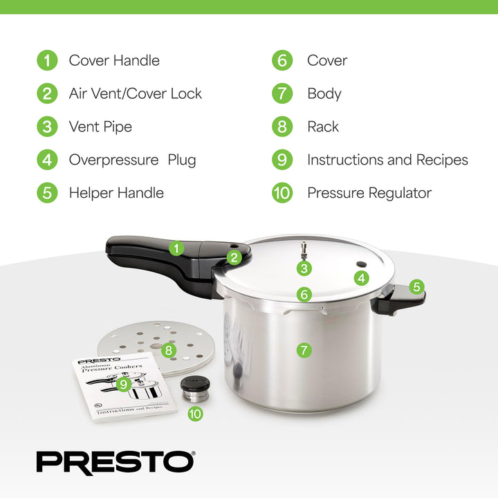 Presto 01264 6 Quart Aluminum Pressure Cooker, Regulator & Cover Lock, Silver