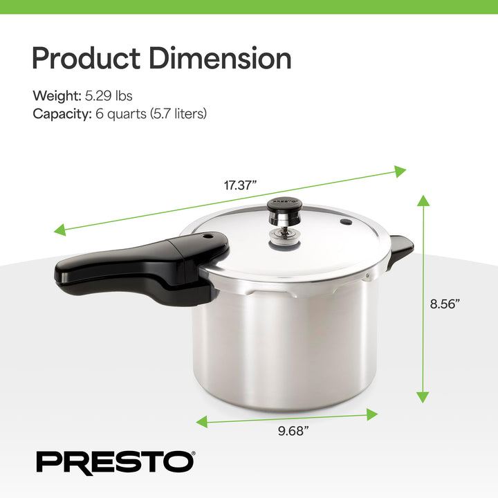Presto 01264 6 Quart Aluminum Pressure Cooker, Regulator & Cover Lock, Silver
