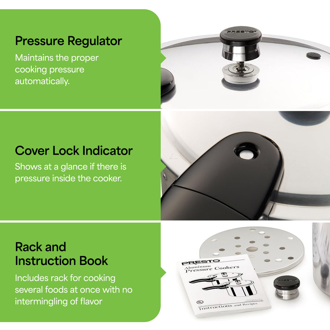 Presto 01264 6 Quart Aluminum Pressure Cooker, Regulator & Cover Lock, Silver