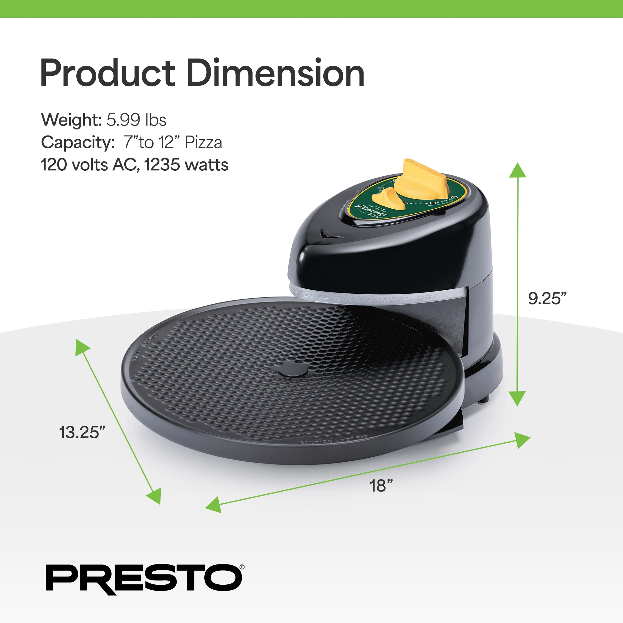 Presto 03434 Pizzazz Plus Rotating Pizza Oven, Bake 7-12" Pizzas, Green/Gold - VMInnovations