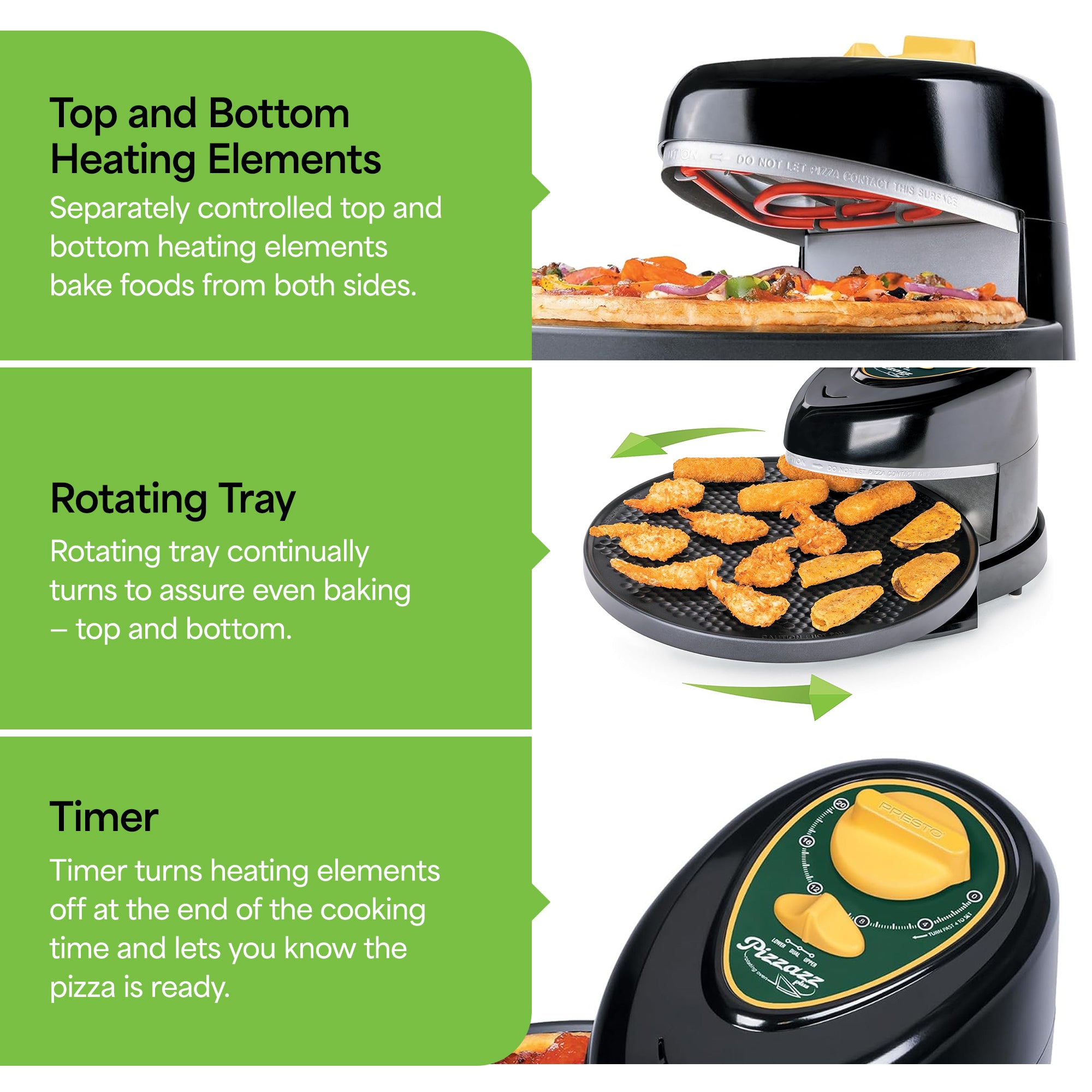 Presto 03434 Pizzazz Plus Rotating Pizza Oven, Bake 7-12" Pizzas, Green/Gold - VMInnovations