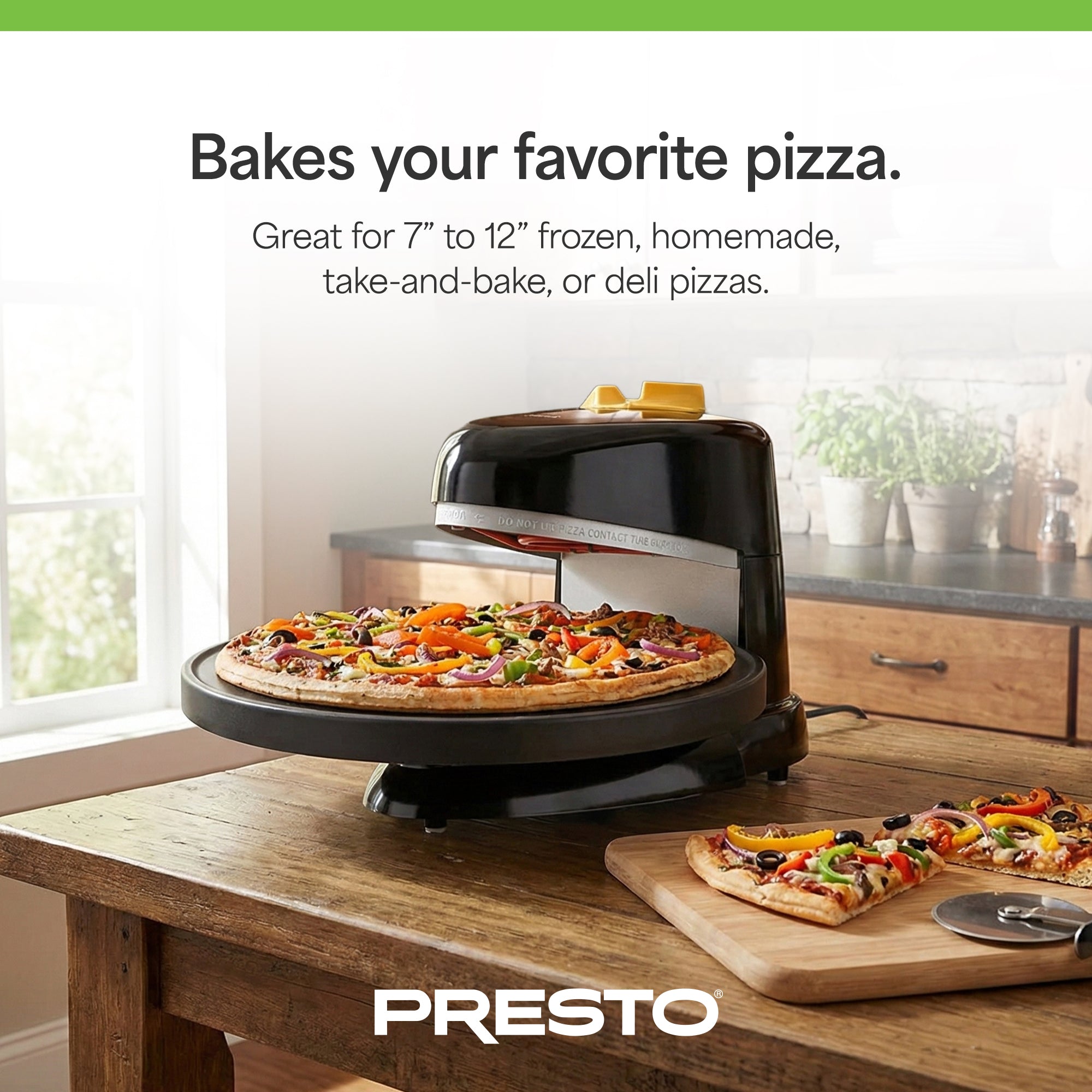 Presto 03434 Pizzazz Plus Rotating Pizza Oven, Bake 7-12" Pizzas, Green/Gold - VMInnovations