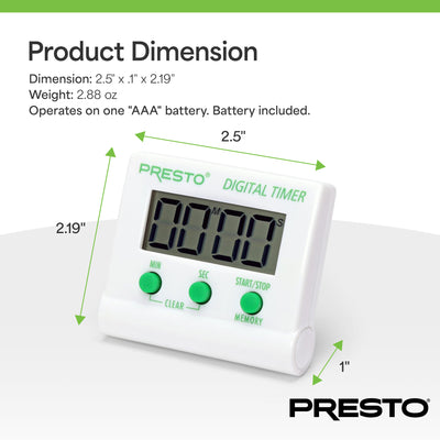 Presto Electronic Digital Timer, Portable LCD Display Stopwatch w/ Alarm Signal - VMInnovations