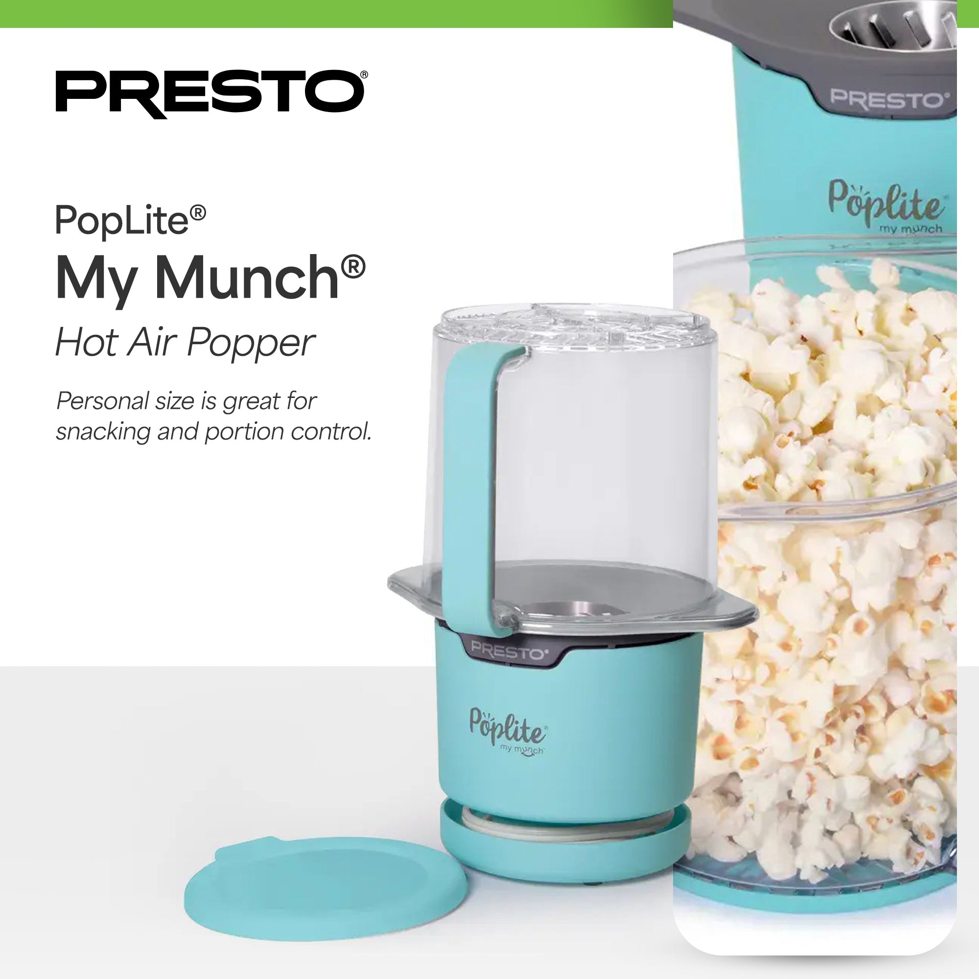 Presto PopLite Hot Air Corn Popper, Natural Quick Popcorn Maker, 8 Cups, Aqua - VMInnovations
