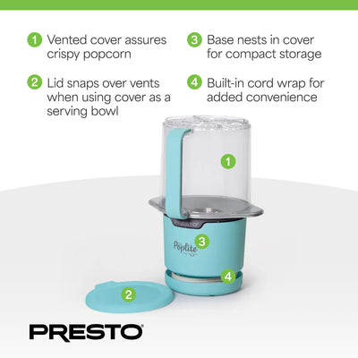 Presto PopLite Hot Air Corn Popper, Natural Quick Popcorn Maker, 8 Cups, Aqua - VMInnovations