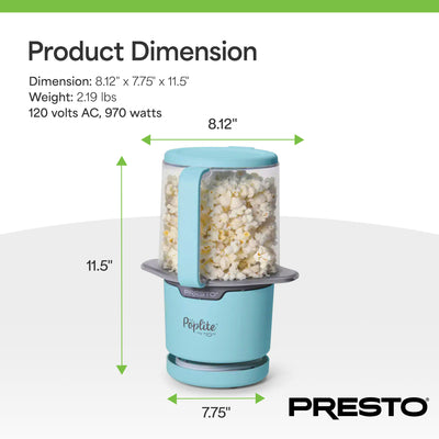 Presto PopLite Hot Air Corn Popper, Natural Quick Popcorn Maker, 8 Cups, Aqua - VMInnovations