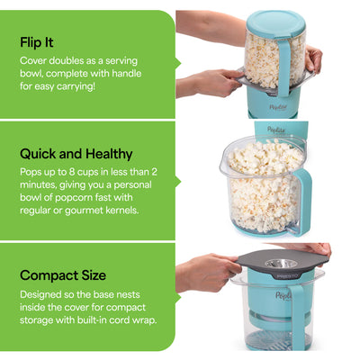 Presto PopLite Hot Air Corn Popper, Natural Quick Popcorn Maker, 8 Cups, Aqua - VMInnovations