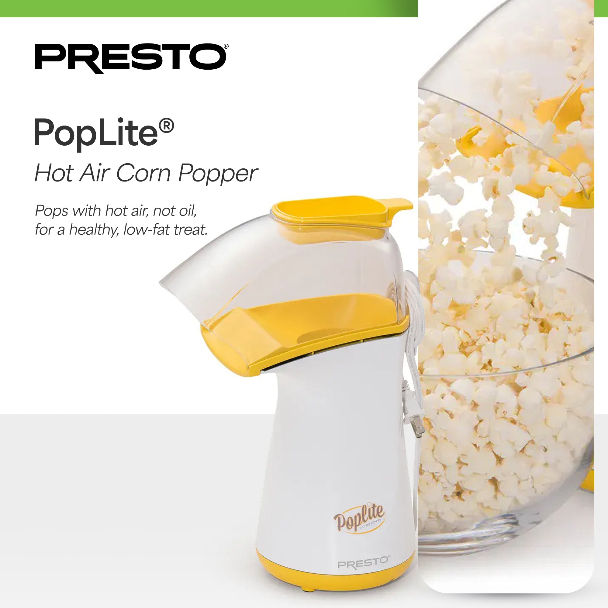 Presto PopLite Hot Air Corn Popper, Natural Quick Popcorn Maker, 18 Cups, Yellow - VMInnovations