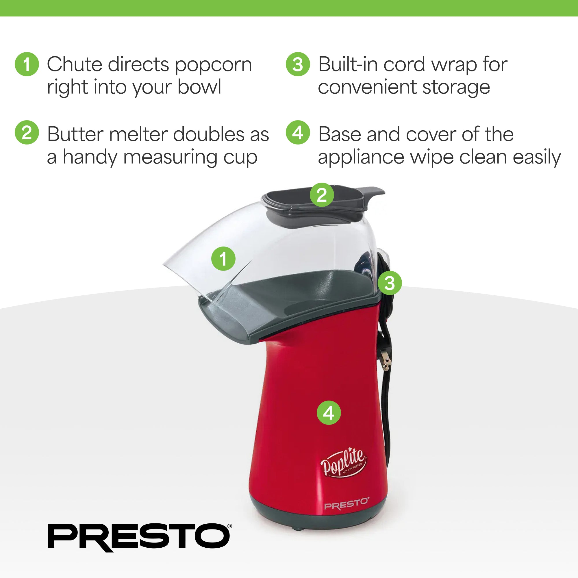 Presto PopLite Hot Air Corn Popper, Natural Quick Popcorn Maker, 18 Cups, Red - VMInnovations
