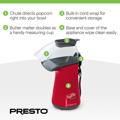 Presto PopLite Hot Air Corn Popper, Natural Quick Popcorn Maker, 18 Cups, Red - VMInnovations