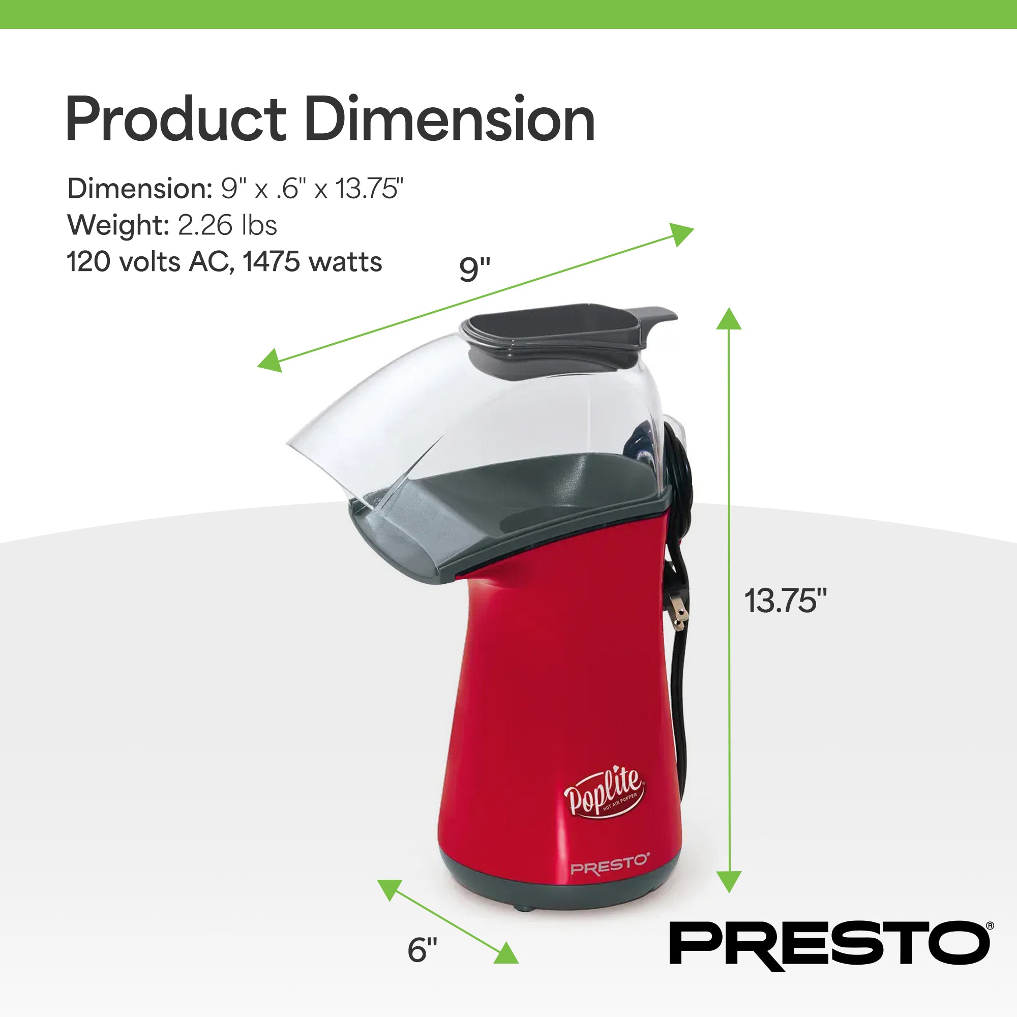 Presto PopLite Hot Air Corn Popper, Natural Quick Popcorn Maker, 18 Cups, Red - VMInnovations
