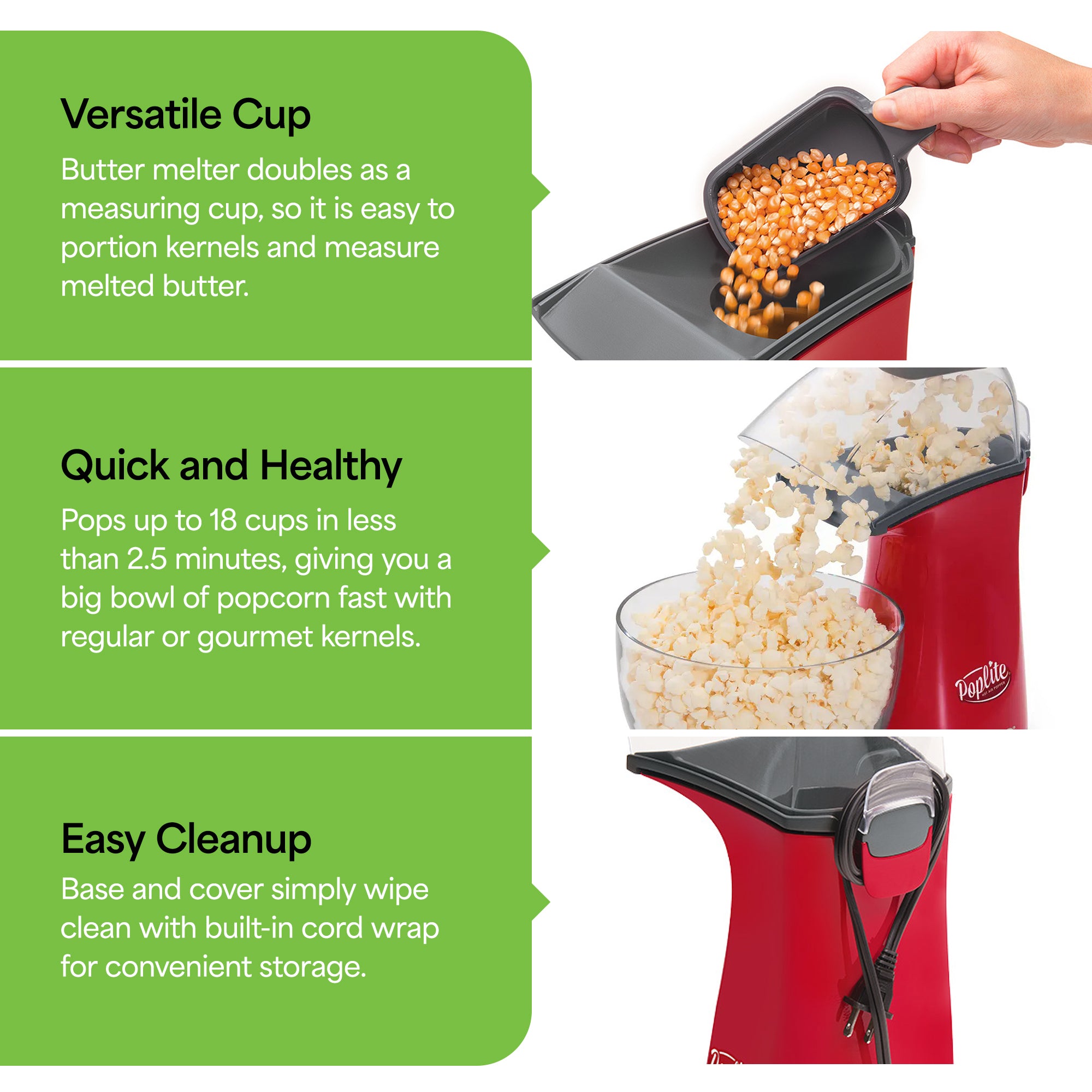 Presto PopLite Hot Air Corn Popper, Natural Quick Popcorn Maker, 18 Cups, Red - VMInnovations