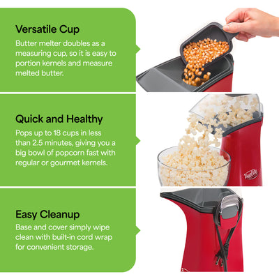 Presto PopLite Hot Air Corn Popper, Natural Quick Popcorn Maker, 18 Cups, Red - VMInnovations