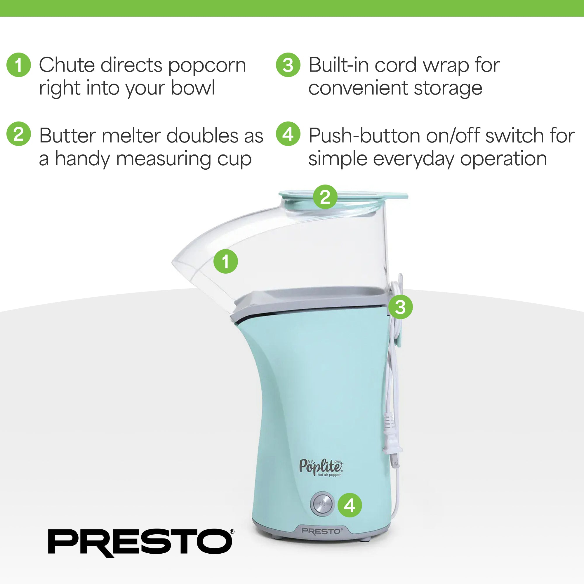 Presto PopLite Hot Air Corn Popper, Natural Quick Popcorn Maker, 18 Cups, Aqua - VMInnovations
