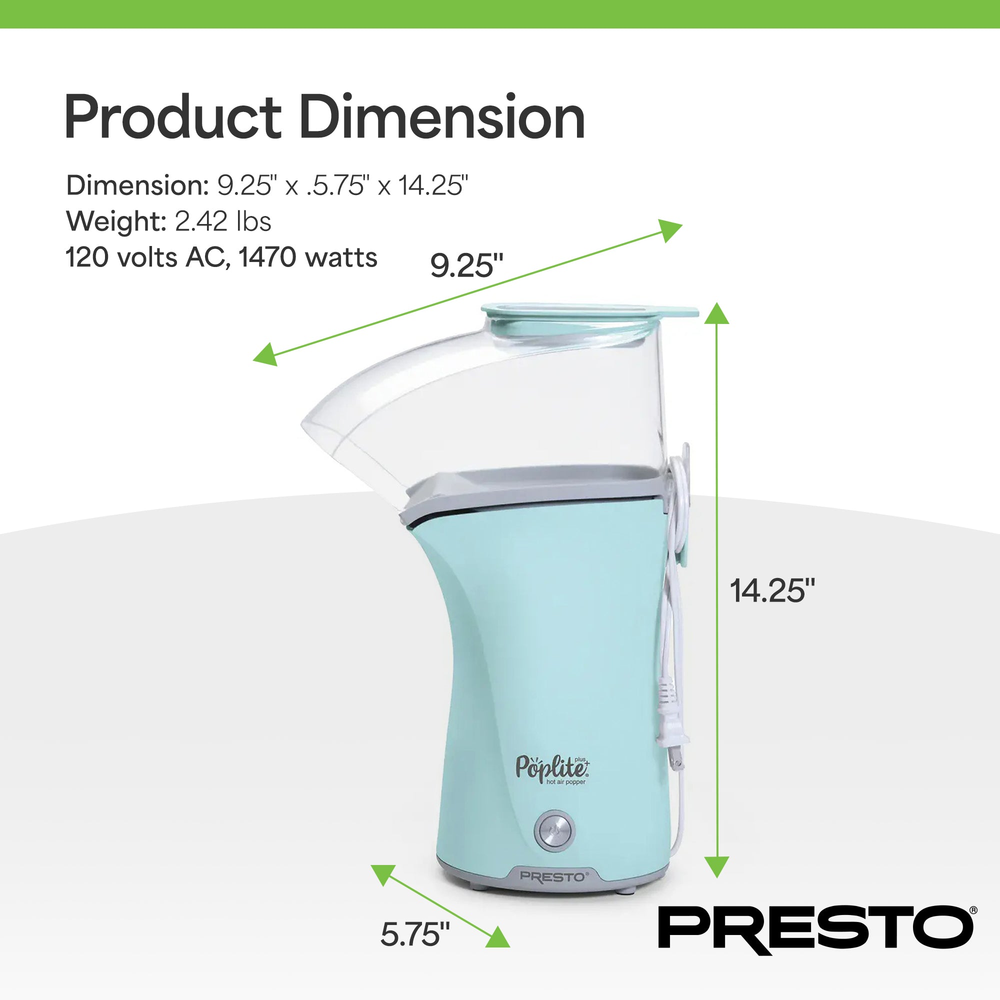 Presto PopLite Hot Air Corn Popper, Natural Quick Popcorn Maker, 18 Cups, Aqua - VMInnovations