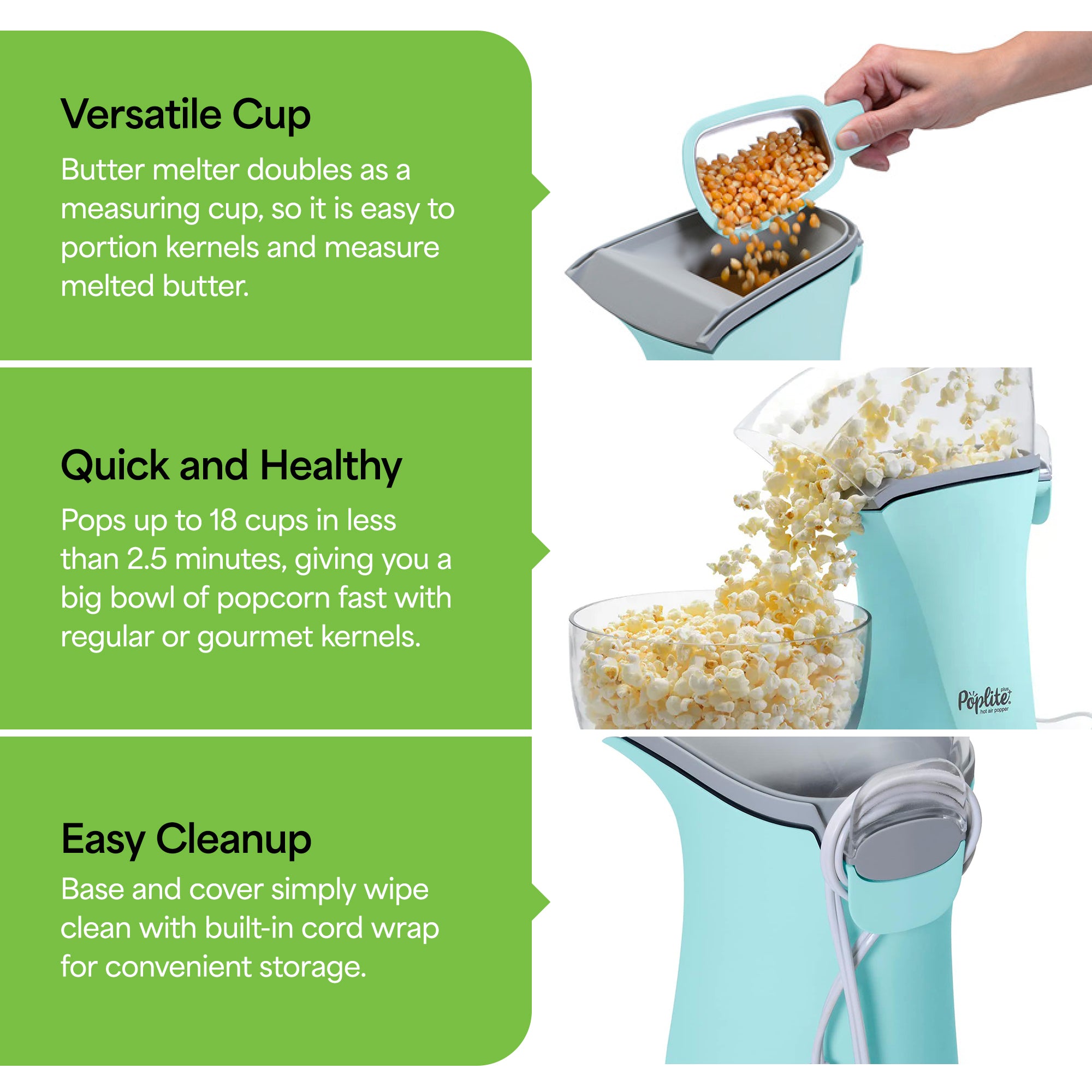 Presto PopLite Hot Air Corn Popper, Natural Quick Popcorn Maker, 18 Cups, Aqua - VMInnovations