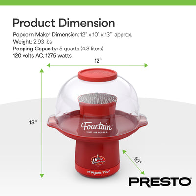 Presto Orville Redenbacher's Fountain Hot Air Popper, Popcorn Maker, 20 Cup, Red - VMInnovations