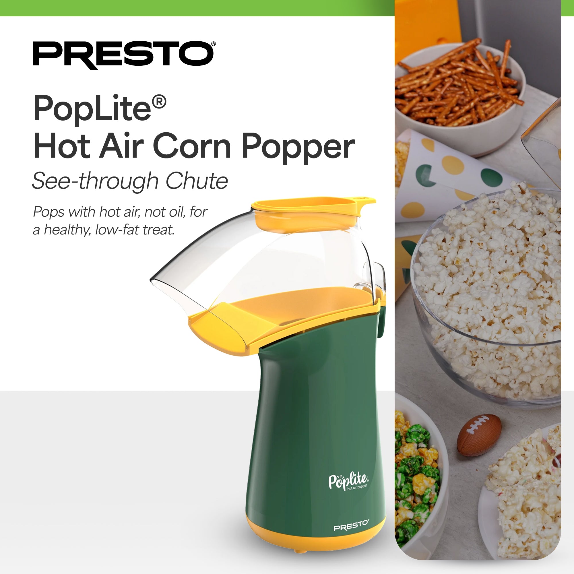 Presto PopLite Hot Air Corn Popper, Natural Quick Popcorn Maker Green (Open Box)