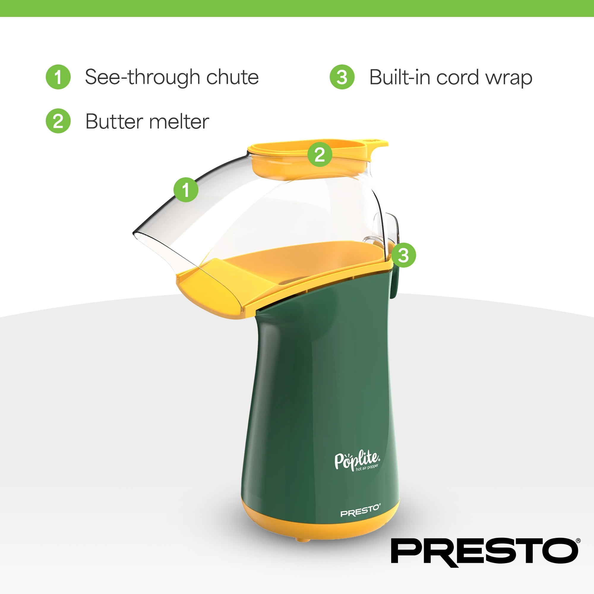 Presto PopLite Hot Air Corn Popper, Natural Quick Popcorn Maker Green (Open Box)