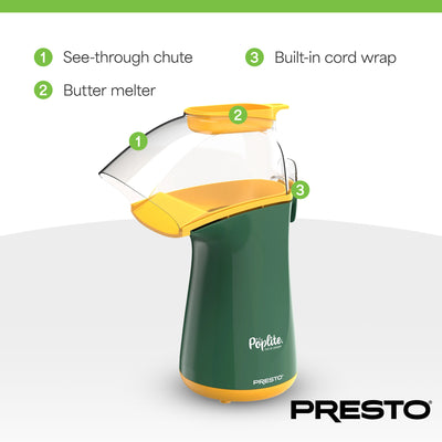 Presto PopLite Hot Air Corn Popper, Natural Quick Popcorn Maker Green (Open Box)