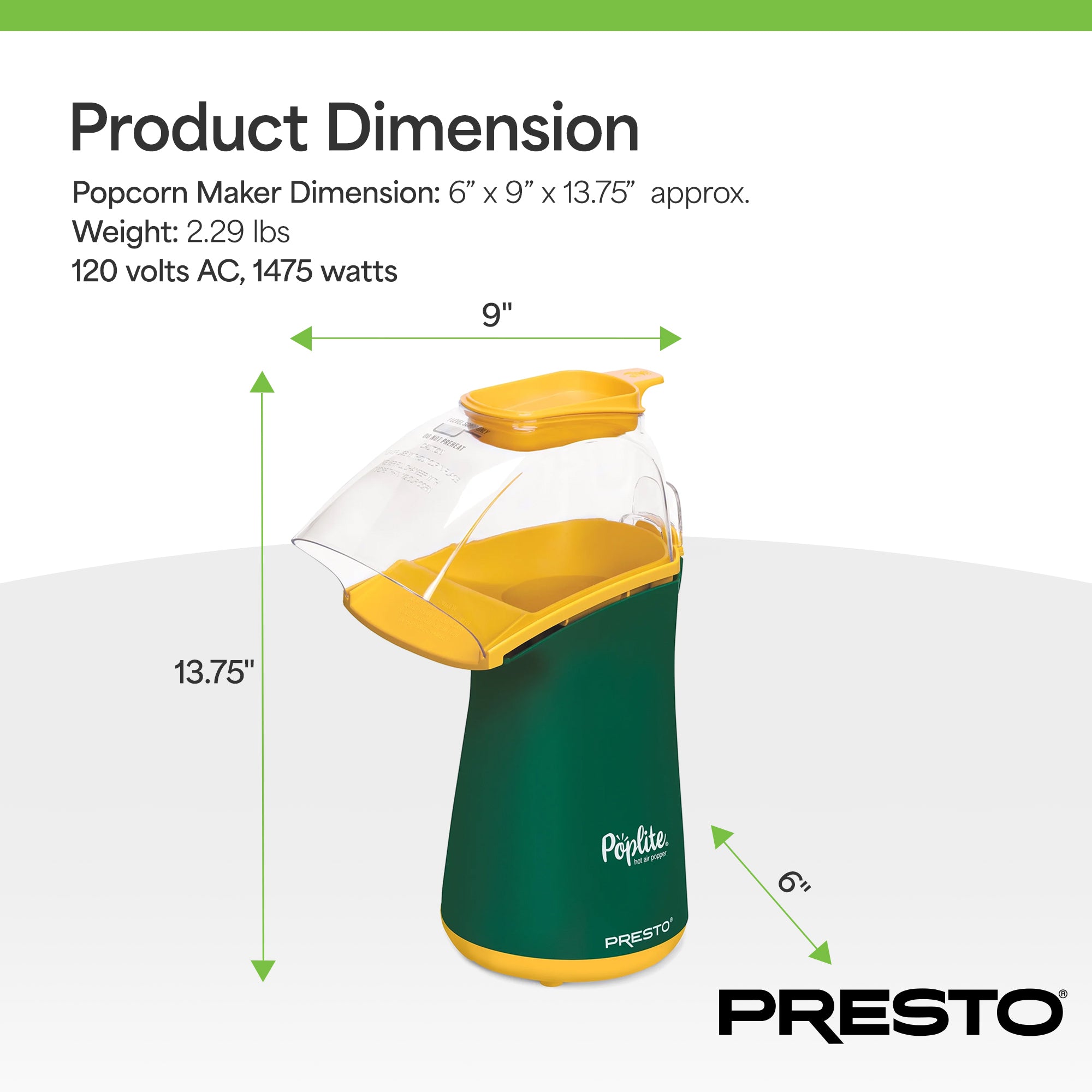 Presto PopLite Hot Air Corn Popper, Natural Quick Popcorn Maker Green (Open Box)