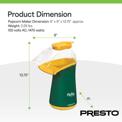 Presto PopLite Hot Air Corn Popper, Natural Quick Popcorn Maker Green (Open Box)
