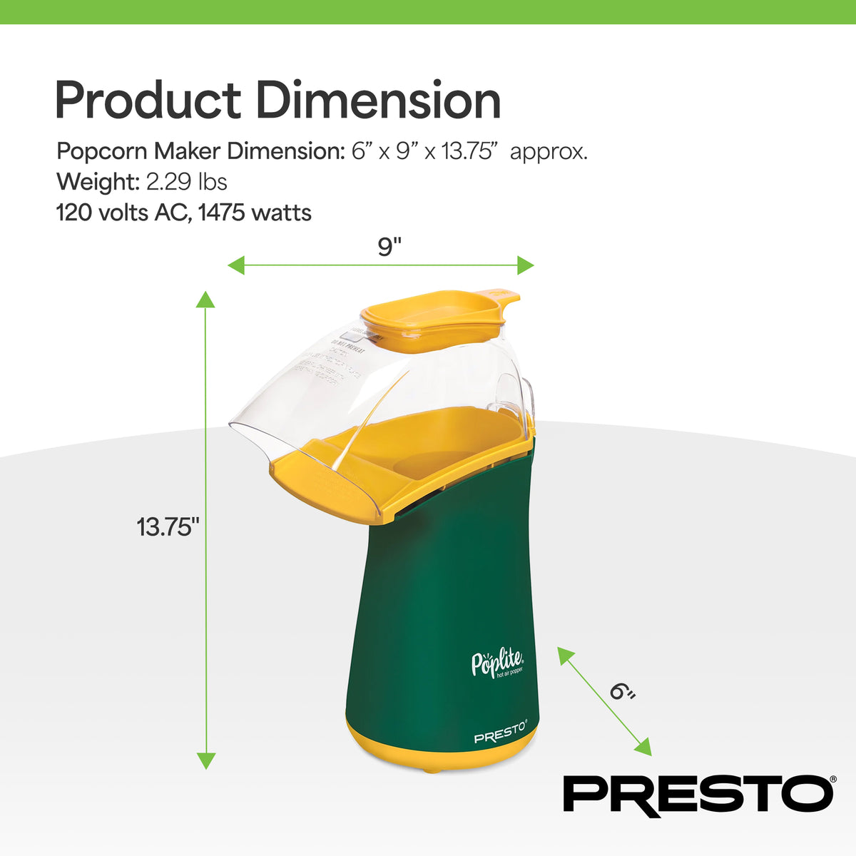 Presto PopLite Hot Air Corn Popper, Natural Quick Popcorn Maker Green (Open Box)