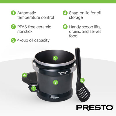 Presto FryDaddy Electric Deep Fryer, Ceramic Nonstick, 4-Cup Oil Capacity, Black - VMInnovations