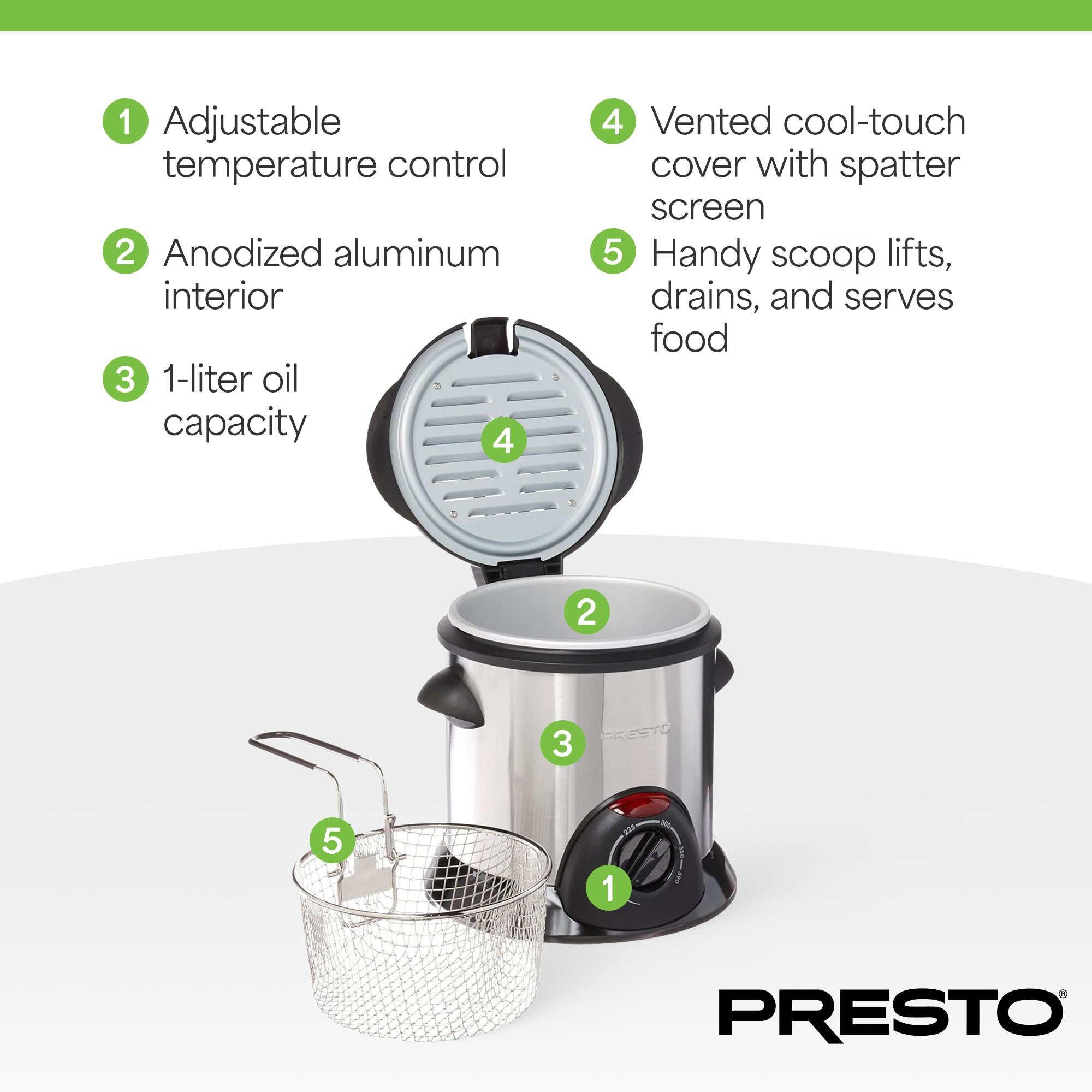 Presto 1L Stainless Steel Electric Deep Fryer with Temperature Control, Silver - VMInnovations