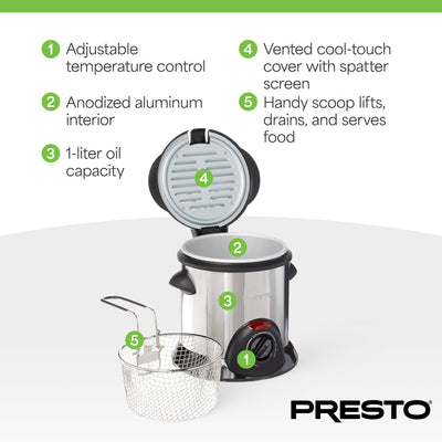 Presto 1L Stainless Steel Electric Deep Fryer with Temperature Control, Silver - VMInnovations