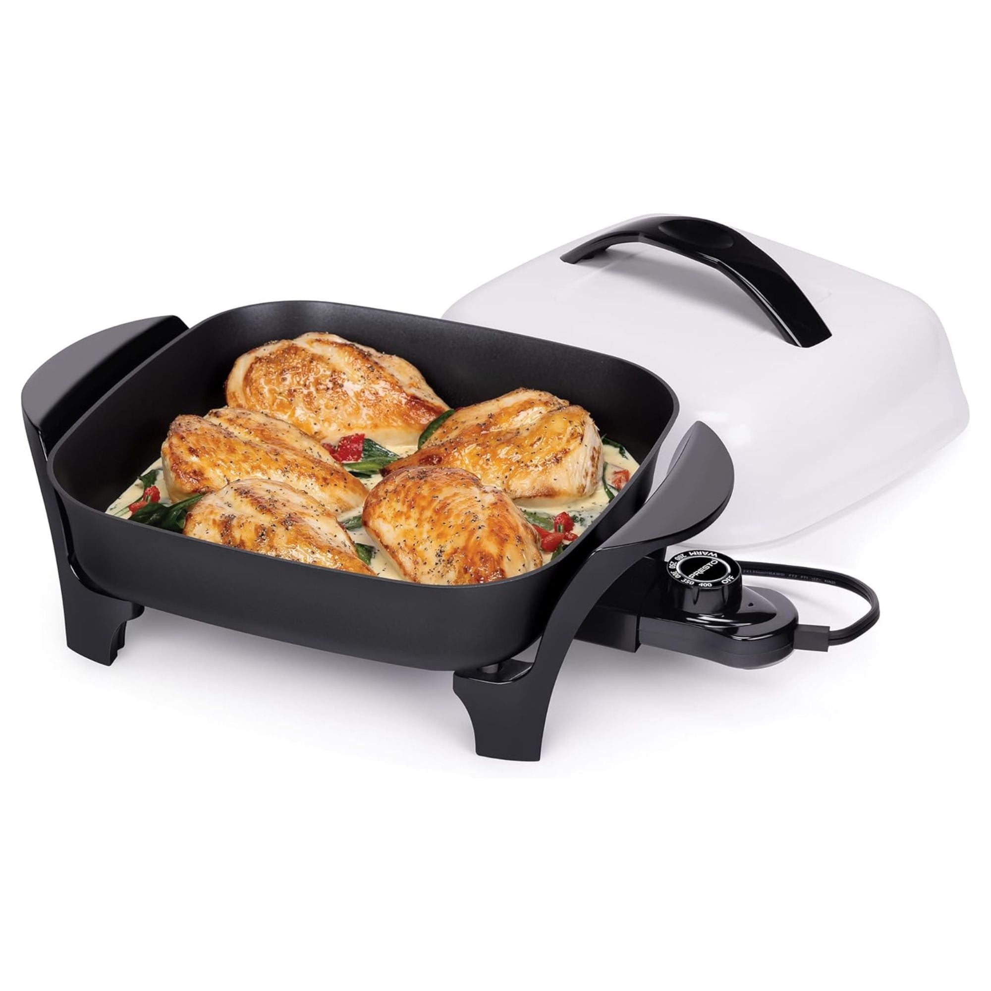 Presto 11" Electric Skillet with High-Dome Cover, Ceramic Nonstick, Black/White - VMInnovations