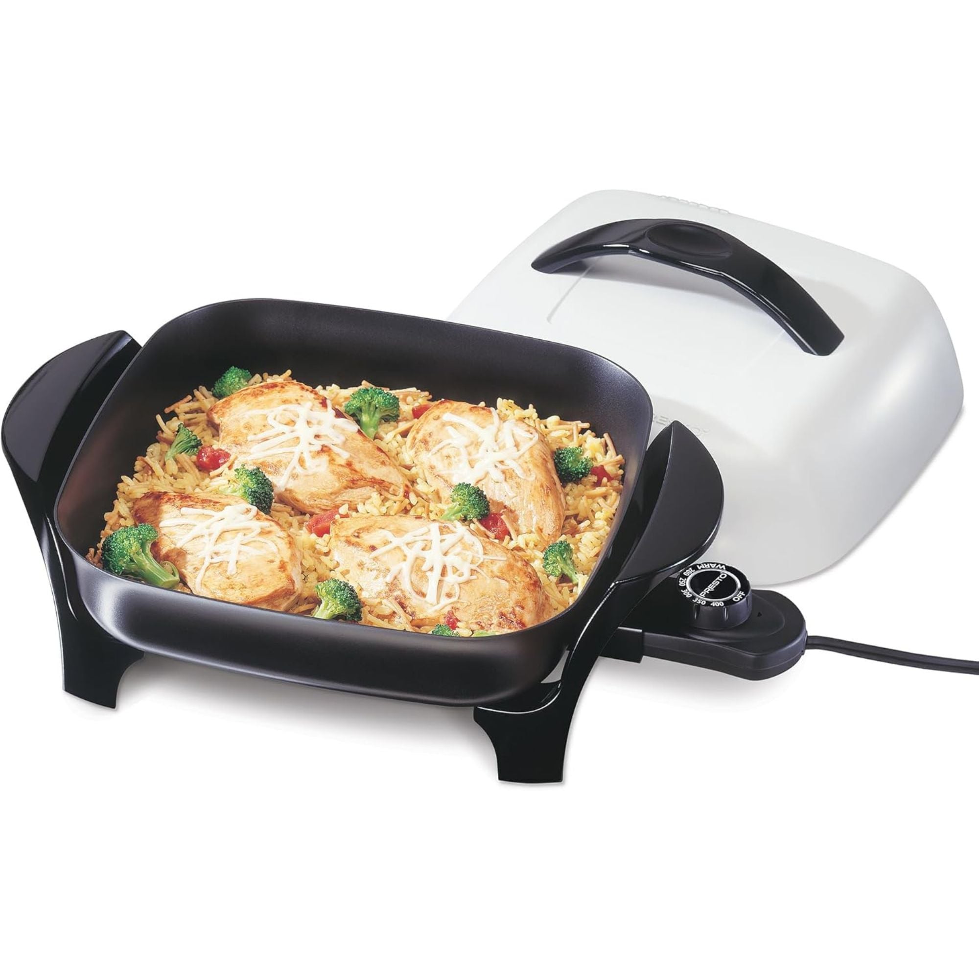 Presto 11" Electric Skillet with High-Dome Cover, Ceramic Nonstick, Black/White - VMInnovations