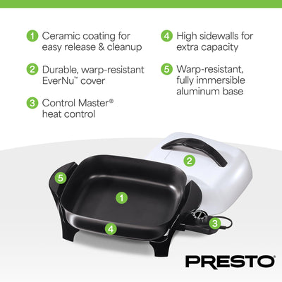 Presto 11" Electric Skillet with High-Dome Cover, Ceramic Nonstick, Black/White - VMInnovations
