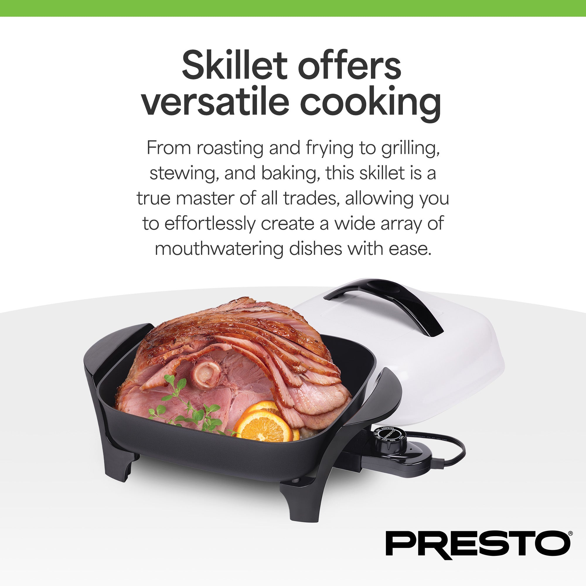 Presto 11" Electric Skillet with High-Dome Cover, Ceramic Nonstick, Black/White - VMInnovations
